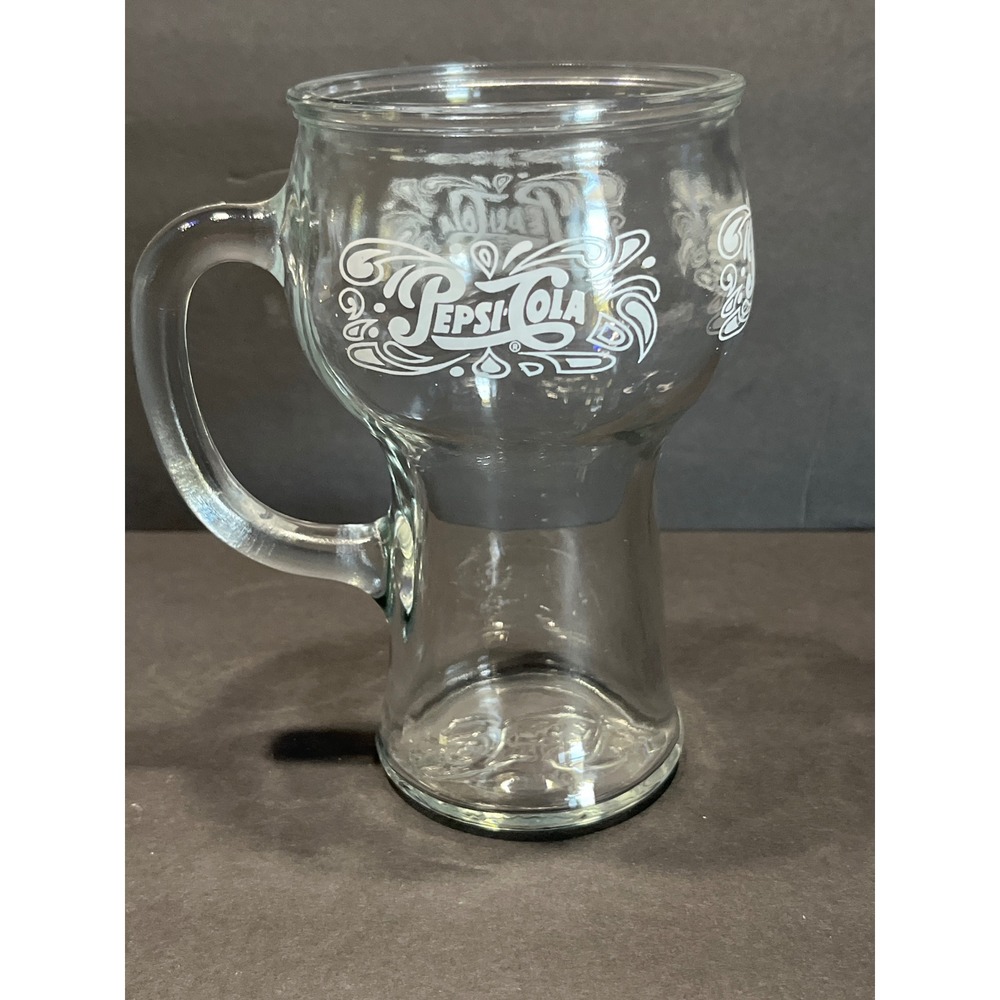 Vintage Pepsi-Cola Glass Mug Clear Pedestal Soda Cup White Logo Collectible